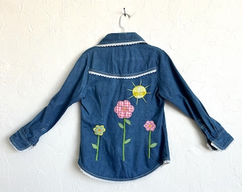 Vintage 70s Chambray Denim Shirt, Appliqué Flowers, Sun, Ladybug, Lace Trim