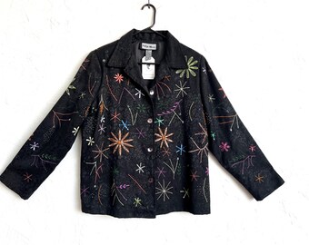 Vintage 90s Black Brocade Jacket – Beaded Floral Embroidery, Indigo Moon Medium