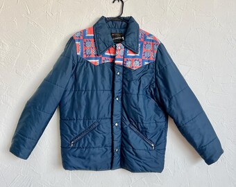 Vintage 70s 80s JC Penney Blue and Red Quilt Detail Puffer Jacket - Snap Up