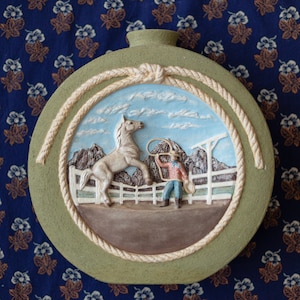 Vintage Hand-Painted Cowboy and Horse Scene Western Textured Sculpted Green Vase
