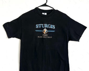 Vintage 2001 Sturgis Rally T-Shirt – Embroidered Biker Tee, Medium