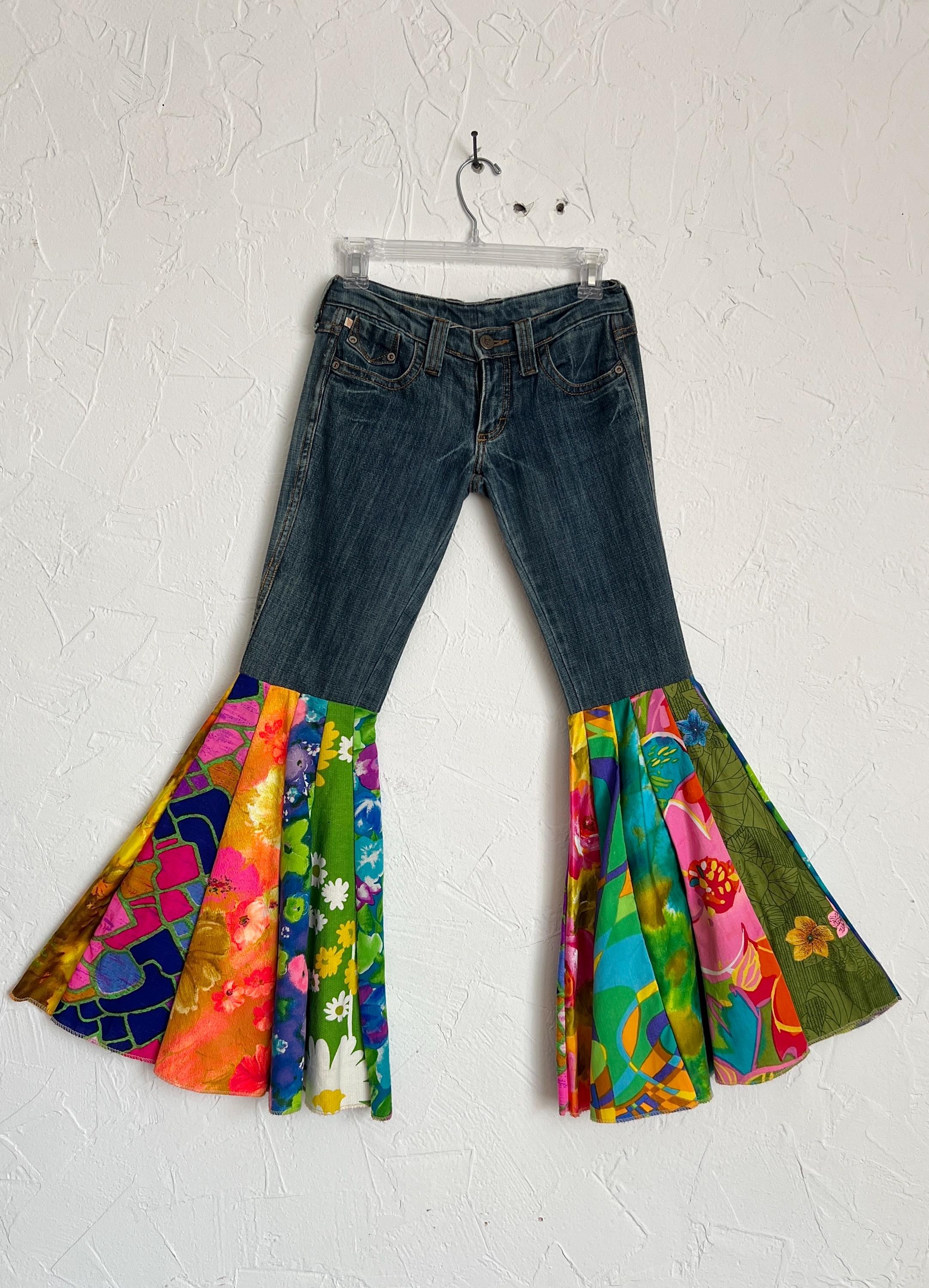 Handmade Floral Bell Bottom Jeans - Upcycled Y2K Denim