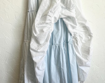 Beautiful Vintage 70s 80s Handmade Three Tiered White & Baby Blue Layered Eyelet Lace Maxi Prairie Skirt - XS/S