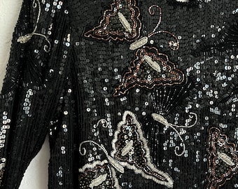 Vintage Judith Ann Creations Black Butterfly Sequin Beaded Silk Long Sleeve Blouse Top
