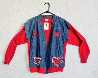 Vintage 80s Denim Jacket Red Sweatshirt Handmade Combo w/ Quilted Bandana Hearts - XL