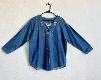 Vintage 90s Denim Button Up w/ Silver & Clear Rhinestones Grapes and Stars Design - Large