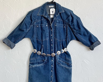 Vintage 80s Denom Button Up Long Sleeve Mini Dress w/ Pleated Details - Medium
