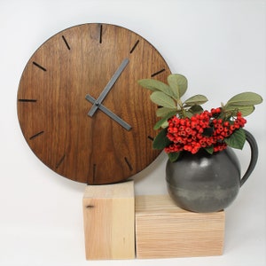 Dark Wood Wall Clock, Minimalist Round Walnut, Silent German Mechanism