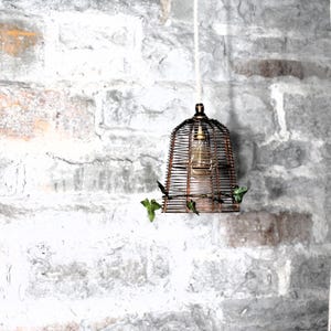 Abat-jour cage à oiseaux, finition cuivre clair, décoration rustique avec câble au choix