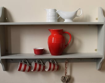 Wall shelving unit with small Shaker pegs for cups, keys, kitchen open-shelf, hand-painted, 17 colours, solid pine