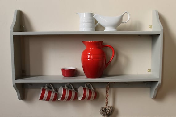 Wall Shelving Unit With Small Shaker Pegs for Cups, Keys, Kitchen Open-shelf,  Hand-painted, 17 Colours, Solid Pine 