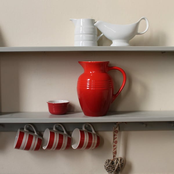 Wall shelving unit with small Shaker pegs for cups, keys, kitchen open-shelf, hand-painted, 17 colours, solid pine
