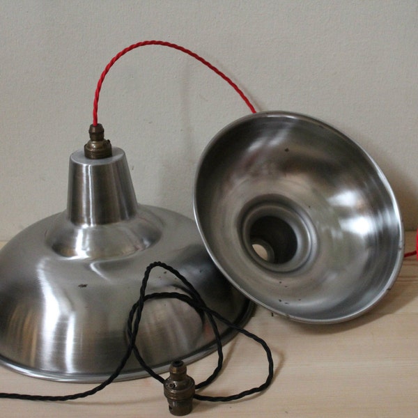 Large Silver Metal Ceiling Lampshade Industrial Lighting With Black Red Orange or Natural Cable, Factory Large Steel Pendant Shade