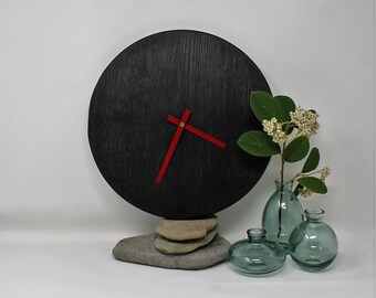 Minimalist Black Oak Wall Clock: Silent German Clockwork