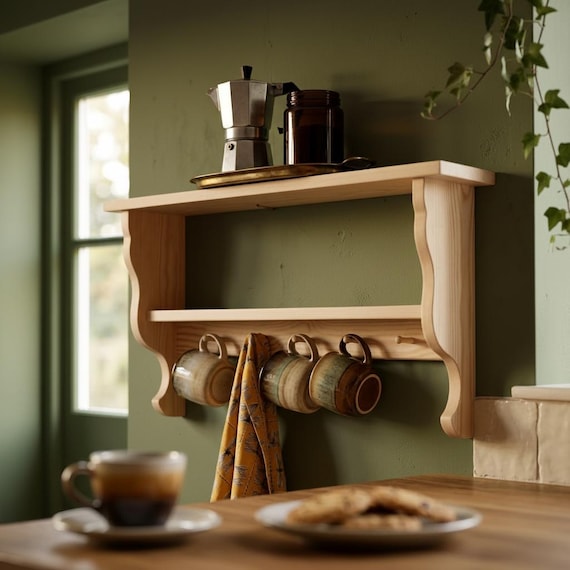 Handmade Cottage Decor Shelf: Wooden Mug Rack
