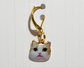 Calico Cat Face White Enamel Progress Keeper - Stitch Marker - Gold Lever Back earring finding - PK0043