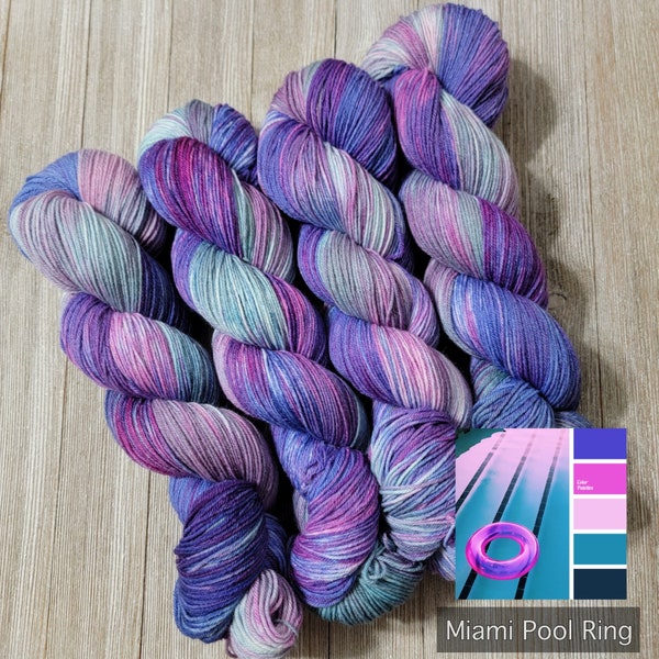 Miami Pool Ring Sustainable Wool Sock Yarn -  Variegated Hand Dyed Yarn - Fingering weight extrafine merino wool & recycled nylon Y026