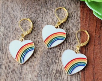 Pride Rainbow Heart Single Progress Keeper (earring) with Lever Back Finding - Knitting Stitch Marker, Progress Keeper PK117