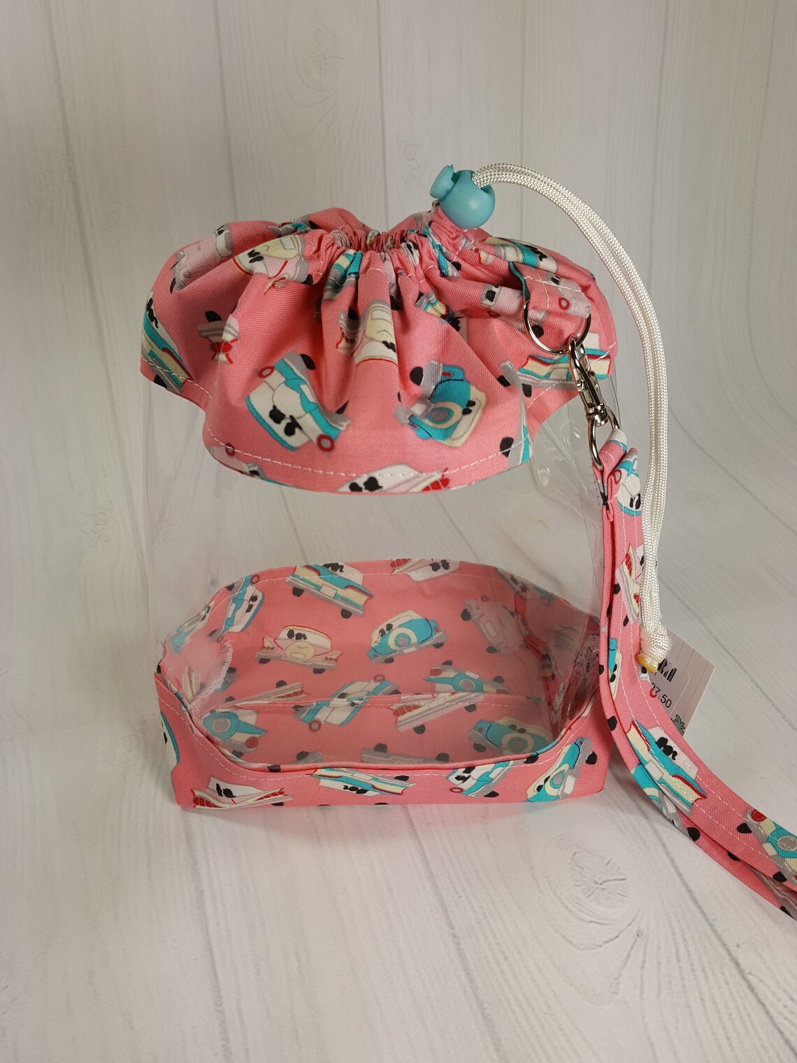 Clear Vinyl Drawstring Bag 50s Classic Cars on Pink Knitting Etsy