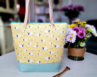 Sheep & Gingham -  Medium Knitting Project Bag, Zippered yarntote project bag w/ leather handles - crochet bag  WM132