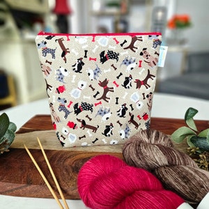 Woof Dogs (Beige) - Small Clutch Style Knitting Crochet Project Bag, small zipper tote, sock sack, cosmetic bag tote WS104