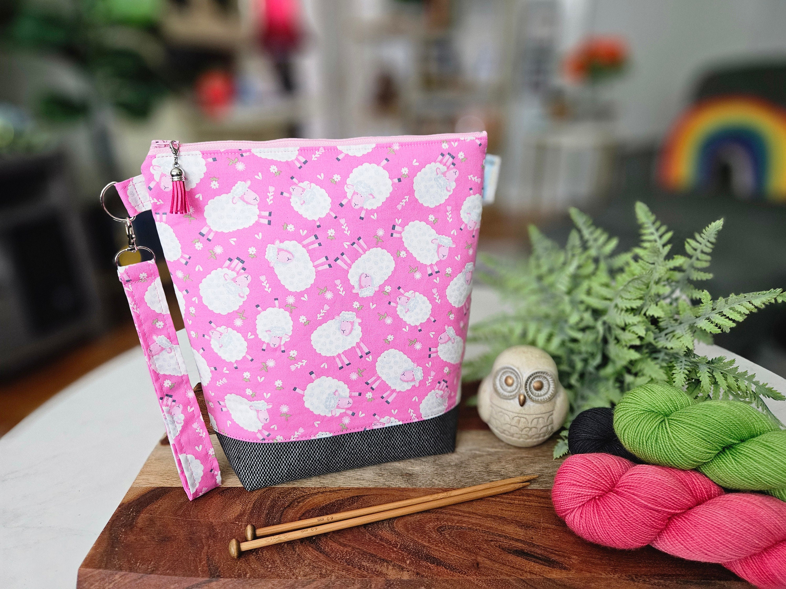 Cute Sheep (pink) Knitting Project Bag, Medium Size Zipper Bag