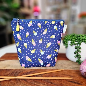 Ice Cream Cones Small Clutch Style Knitting Crochet Project Bag, small zipper tote, sock sack, makeup bag WS121