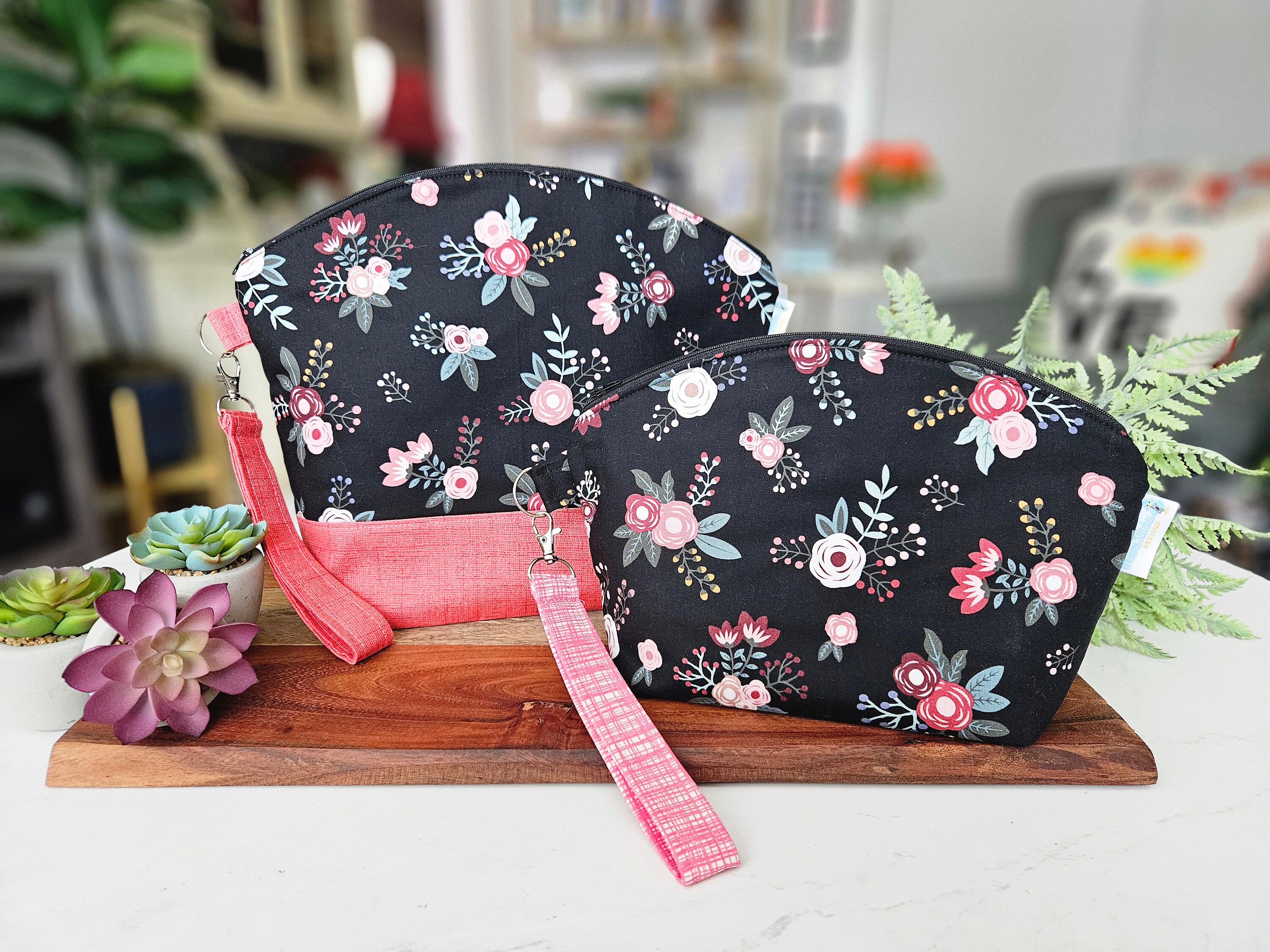 Pink Florals on Black - Curved Top Medium Zippered Project