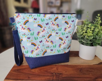 Rainbow Unicorns (blue) - Medium Sized zipper knitting or crochet project bag - Perfect size for 3 to 4 skein projects WM137