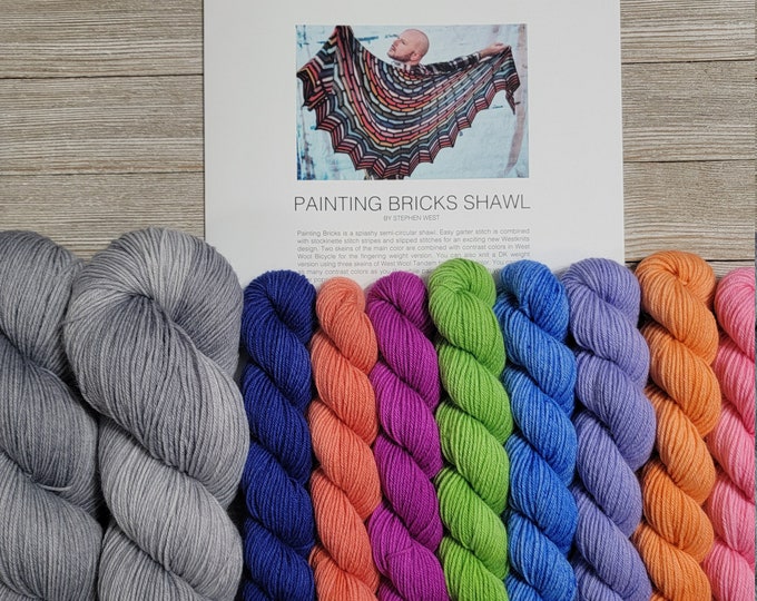 Painting Bricks Shawl Yarn Kit (Gray MC) - include printed written pattern - Fingering weight Superwash merino/nylon yarn - PB01-G