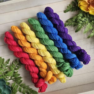 May include: Six twisted skeins of yarn arranged in a diagonal rainbow gradient, featuring vibrant shades of red, orange, yellow, green, blue, and purple. The yarn is displayed on a light-colored wooden surface with green foliage accents.