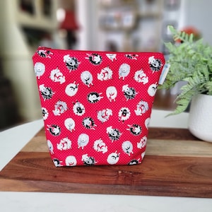 Sheep on Red - Small Clutch Style Knitting Project Bag, Crochet Bag Yarn Sack small zipper tote cosmetic bag yarn tote SD87