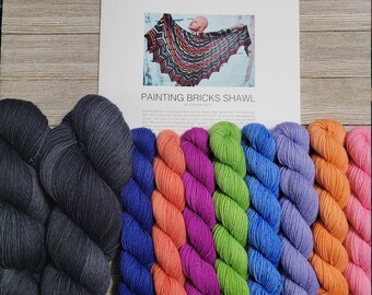 Painting Bricks Shawl Yarn Kit (Charcoal MC) - NO PATTERN - Fingering weight Superwash merino/nylon yarn - PB02-C