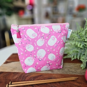 Fun Sheep (pink) Small Knitting Project Bag, Clutch Style with zipper, crochet, cosmetics, travel bag WS129