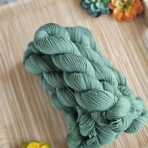 May include: A skein of sage green yarn with a twisted texture. The yarn is composed of multiple fine strands wound together, creating a soft and matte appearance. The color is a muted, earthy green tone that is consistent throughout the entire skein.