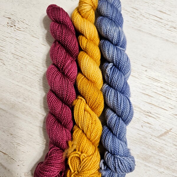 Trio of Mini Skeins (blue, gold, Bordeaux) Hi-Twist Hand Dyed Sock Yarn | Fingering weight superwash merino nylon yarn MTR03