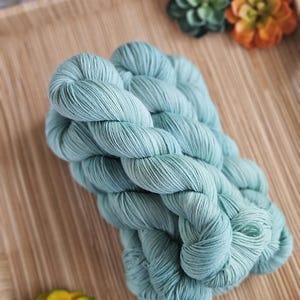 May include: A skein of light sage green yarn with a twisted texture. The yarn is composed of multiple thin strands bundled together, creating a soft, matte appearance. The color is a consistent, muted seafoam green throughout the entire length.