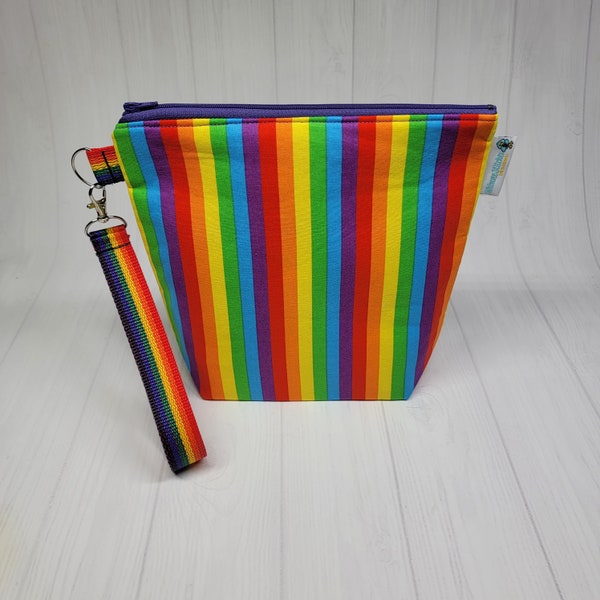 Gay Pride Rainbow Stripes - Small Project Bag - Support LGBTQ+ Knitting Project Bag, Zipper travel bag clutch - crochet bag yarn tote SD43