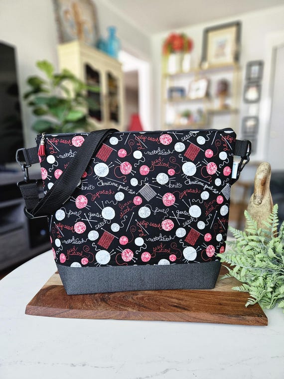 Knitting Theme (red/black) Jumbo Knitting Project Tote Bag With