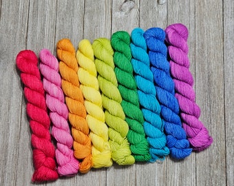 Rainbow Bright Mini Set of 9 (20 gram) Standard Sock Fingering Weight Yarn - Hand Dyed Tonal Yarn Mini Skeins  MSS35