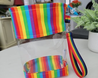 LGBTQ Pride Rainbow Stripes - Small Clear Vinyl Drawstring Project Bag for knitting, crochet, needlepoint - 360 degree clear window CVS122