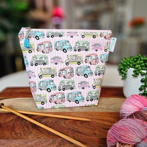 Ice Cream Trucks Small Clutch Style Knitting Crochet Project Bag, small zipper tote, sock sack, makeup bag WS120