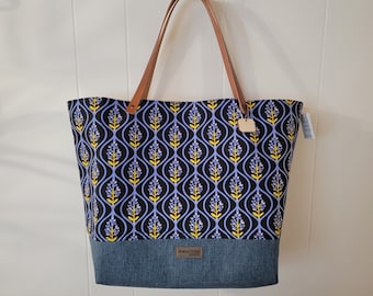 Texas Bluebonnets - Large Open Tote bag (Blue Yellow Gold Flowers) fully lined, leather handles, knitting crochet tote project bag TBL04