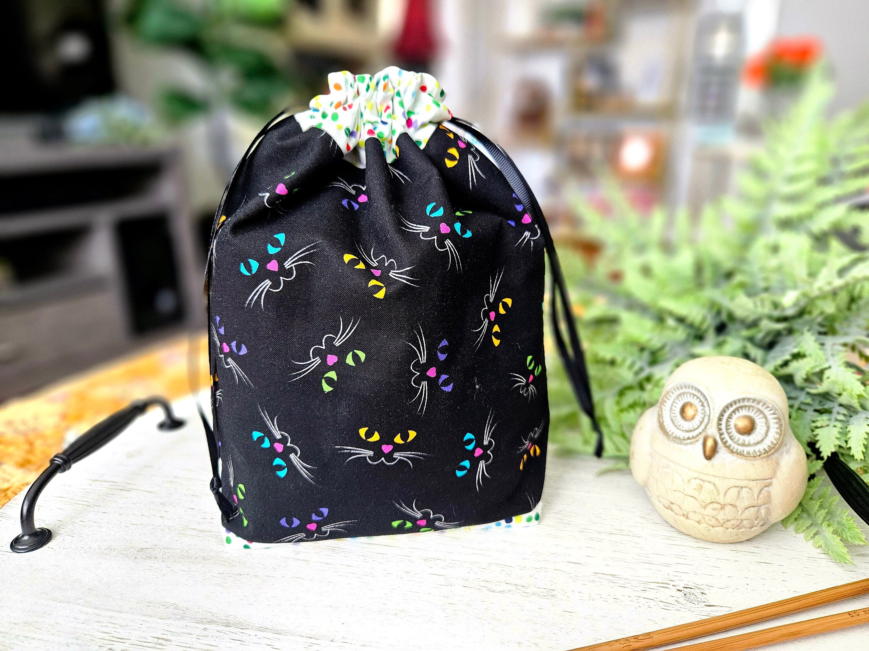 Cat Eyes & Whiskers - Small Knitting Project Bag, Drawstring
