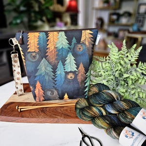 Bolsa para Projeto de Tricô - Woodland Bears - Bolsa média com zíper e alça de pulso para tricô, crochê, bordado, viagem WM192