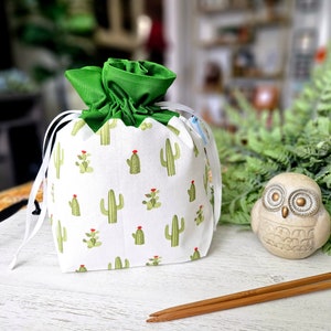 Bolsa pequeña para proyectos de tejido Cactus, con cordón, de algodón, para tejer, hacer crochet y más DS08C
