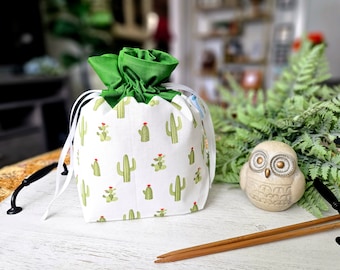 Cactus Small Knitting Project Bag, drawstring - cotton project tote for knitting, crochet and more DS08C