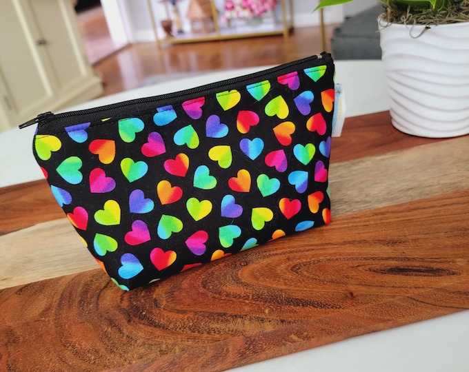 Rainbow Pride Hearts Toss - Small Zippered Notions Pouch Wallet, Mini Wedge Bag, Knitting Notions Pouch, Craft Pouch NP106