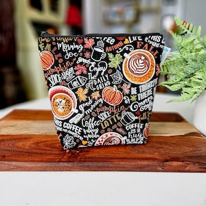 Pumpkin Spice Latte (Fall Coffee) Small Clutch Knitting Crochet Project Bag, Sock Sack small zipper tote cosmetic bag yarn tote SD93