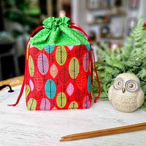 Bolsa pequeña para proyectos de tejido con hojas, con cordón, de algodón, para tejer, hacer crochet y más DS06